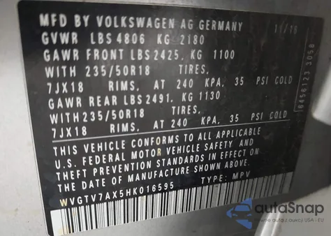 2017 Volkswagen Tiguan 2.0T Sport из США, поврежденный, VIN WVGTV7AX5HK016595